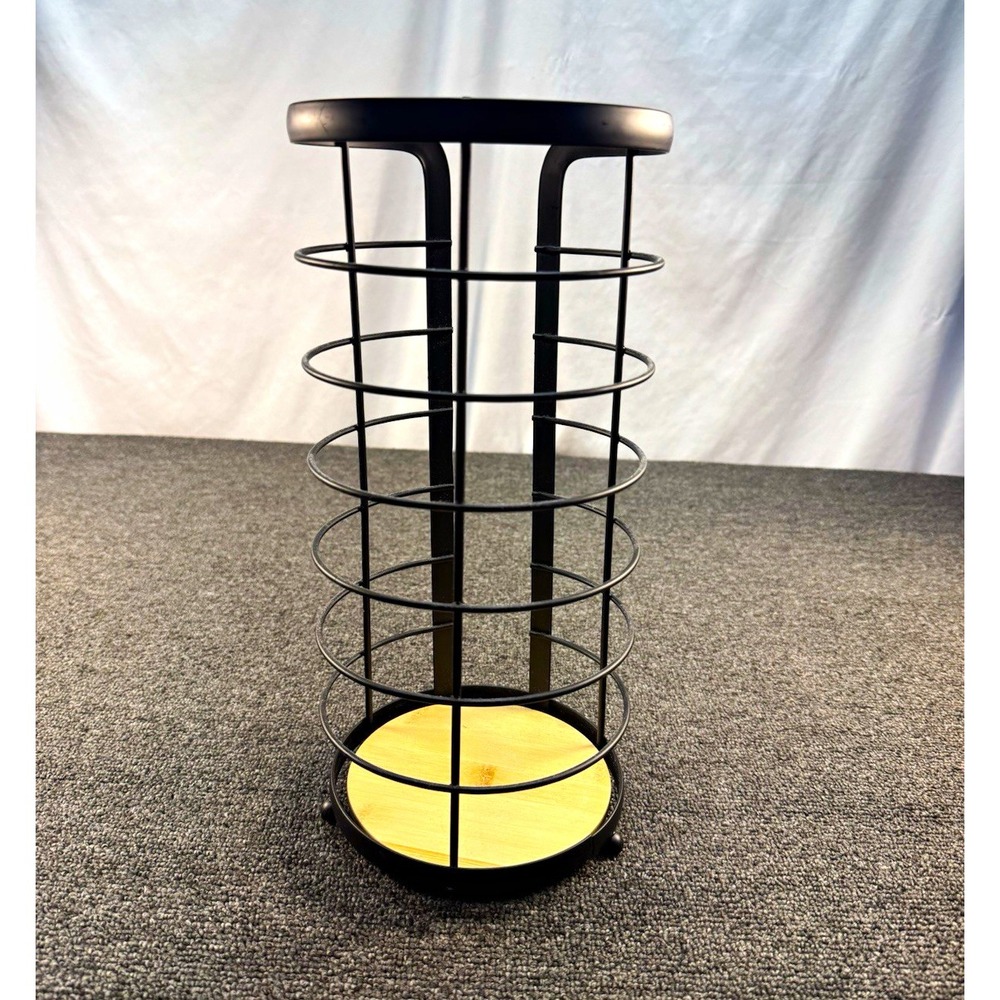 Modern Black Metal Wire Cylinder Round toilet paper holder w/ Natural Wood Base